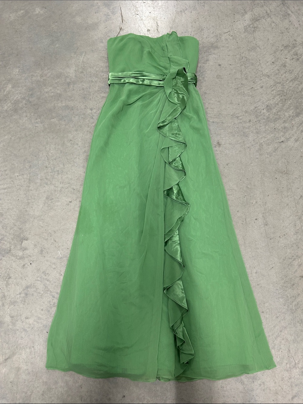 David's Bridal Strapless Green Ruffled Gown